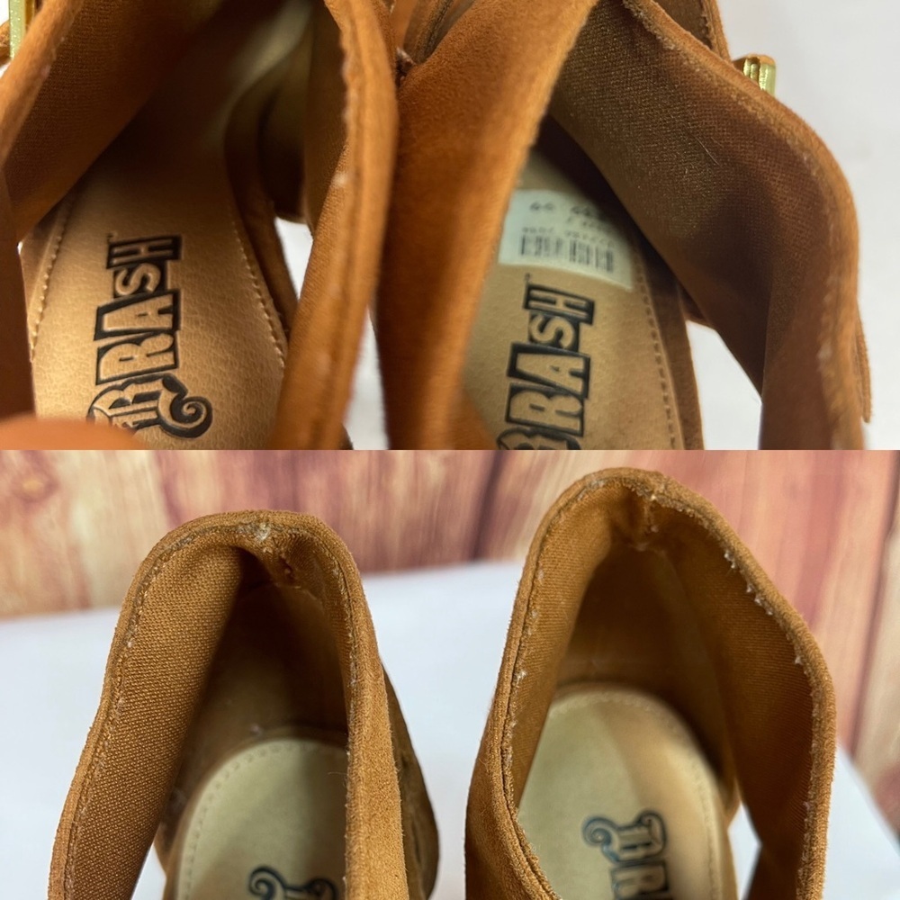 Brash brown faux suede like, buckle, open toe, platform, high heels size 7 - Picture 13 of 17